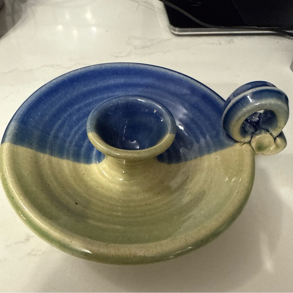 Artisan Blue and Cream Ceramic Candle Holder